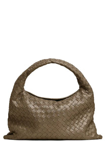 Bottega Veneta women’s small hop bag beige taupe leather with intricate weave and distinctive circular handle