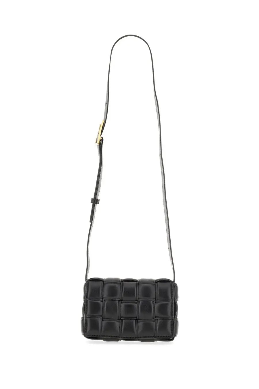 Bottega Veneta women’s small padded cassette bag black with black leather woven texture and gold-tone triangular buckle