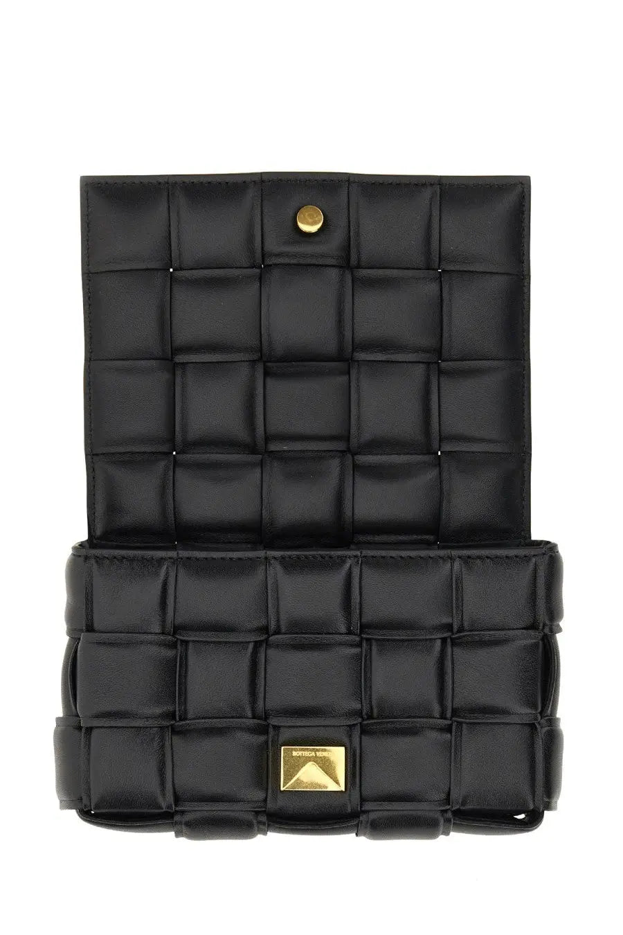 Bottega Veneta women’s small padded cassette bag black quilted leather crossbody with gold-tone hardware and woven texture