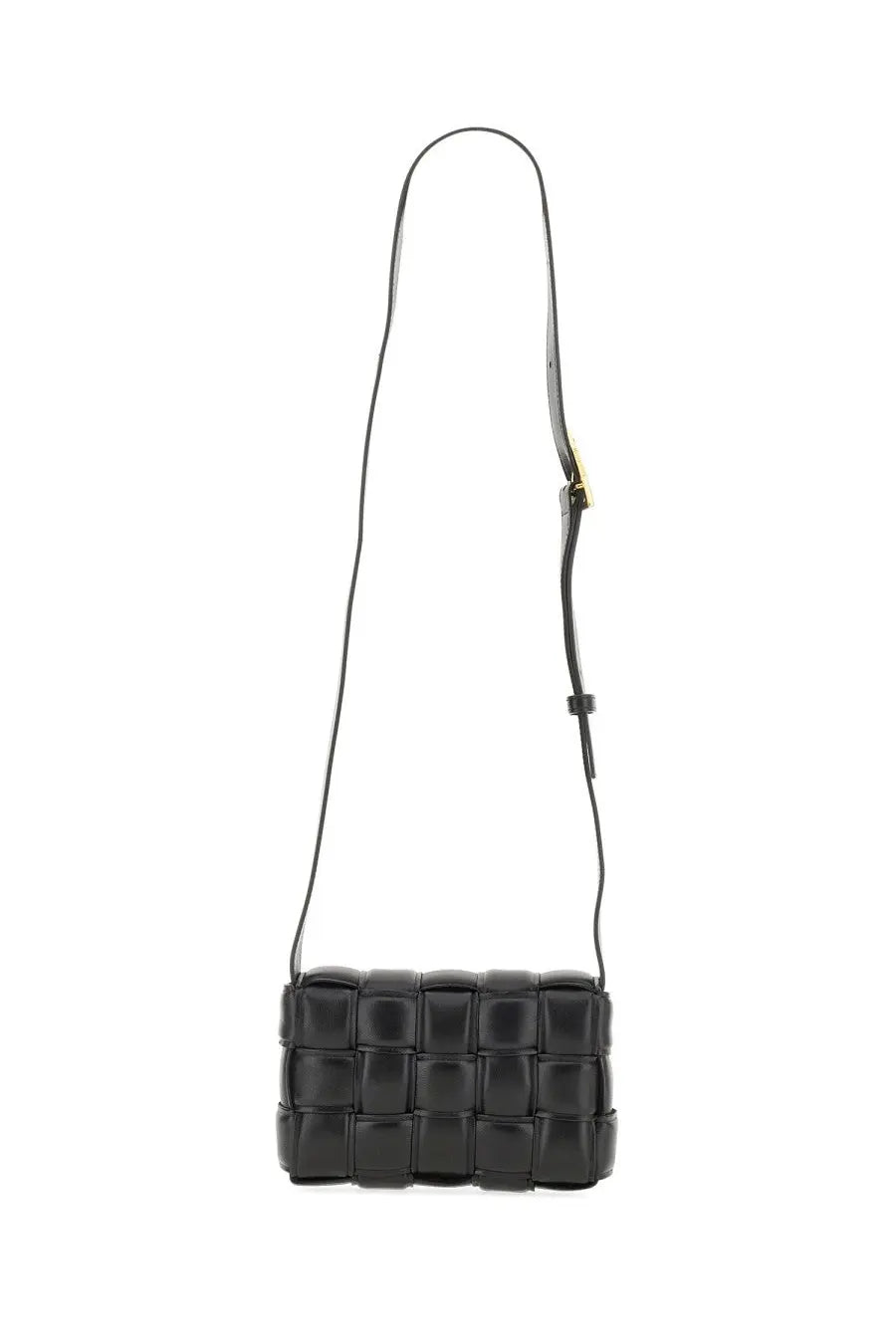 Bottega Veneta women’s small padded cassette bag in black woven leather with sleek structured design and gold-tone hardware