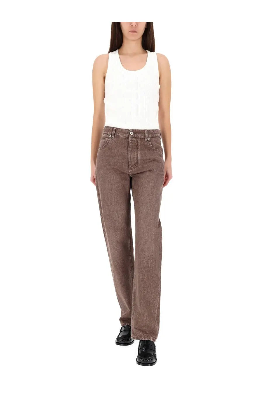 Bottega Veneta women’s brown high-rise straight-leg denim jeans with classic five-pocket design and subtle fading