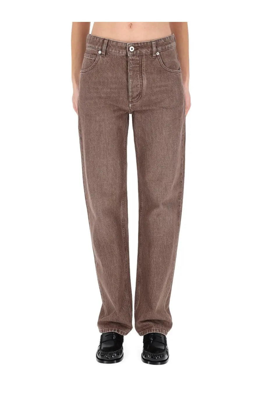 Bottega Veneta women’s brown denim jeans with relaxed straight-leg cut and classic five-pocket design