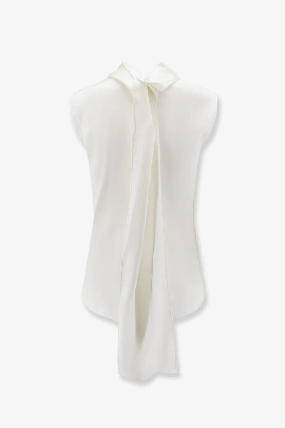 A white off-white silk blouse with a high collar and flowing front tie by Bottega Veneta women’s stretch satin top