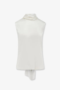 A sleek off-white satin sleeveless top with draped cowl neckline and asymmetrical hemline by Bottega Veneta