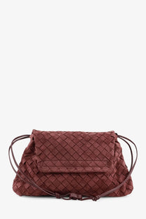 Bottega Veneta women’s suede Giorno crossbody bag in deep mahogany with diamond-patterned suede woven texture and adjustable strap