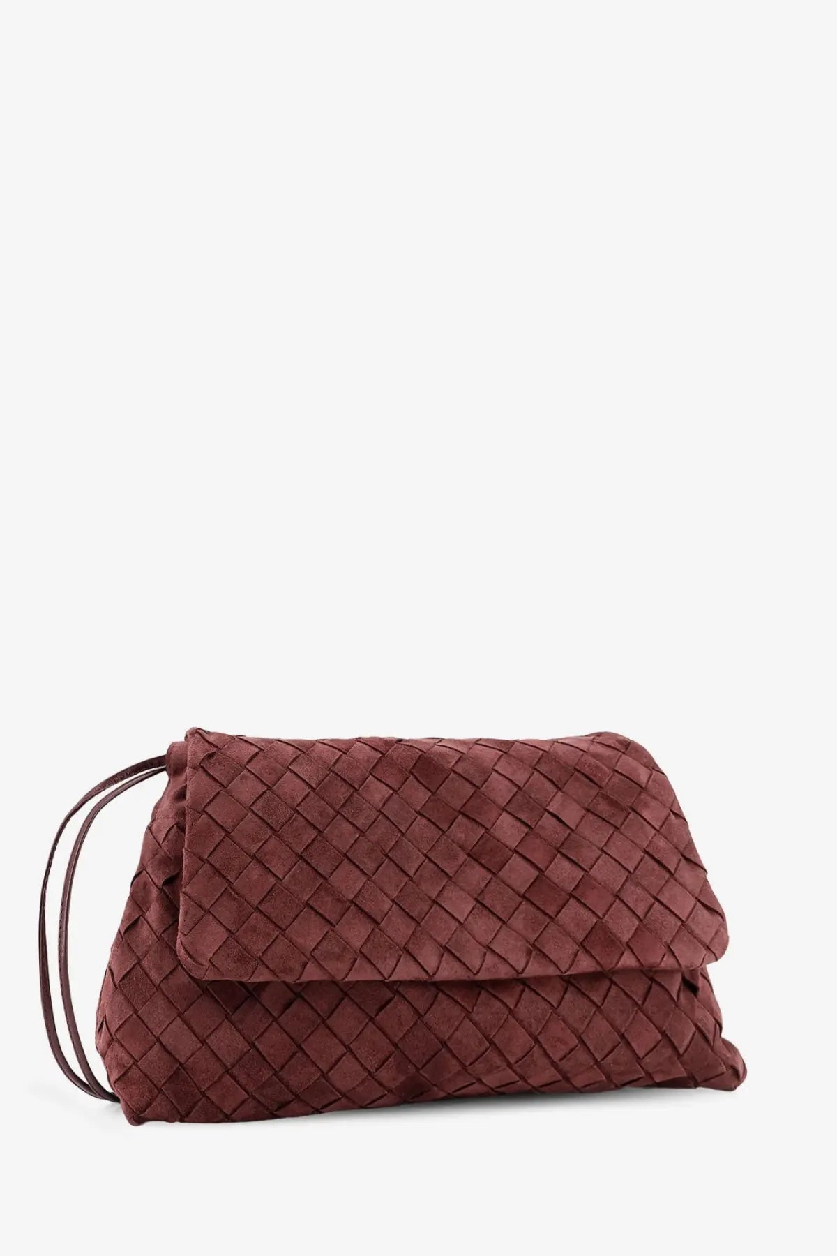 Bottega Veneta women’s suede Giorno crossbody bag in deep mahogany with burgundy woven leather and diamond texture