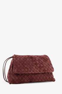 Bottega Veneta women’s suede Giorno crossbody bag in deep mahogany with burgundy woven leather and diamond texture