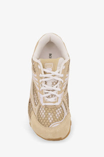 Beige mesh and suede bottega veneta women’s sneaker with white laces and rubber sole