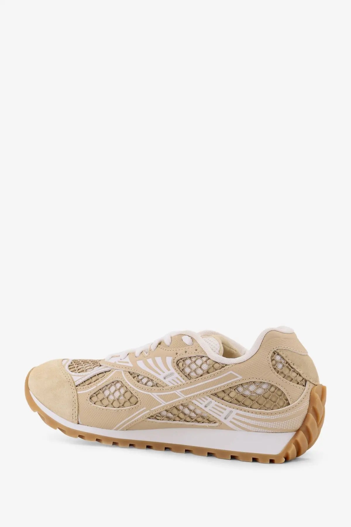 Bottega Veneta women’s beige suede and mesh athletic sneaker with white laces and tan rubber sole