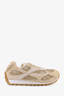 Bottega Veneta women’s beige sneaker with mesh and suede upper white laces and tan rubber sole