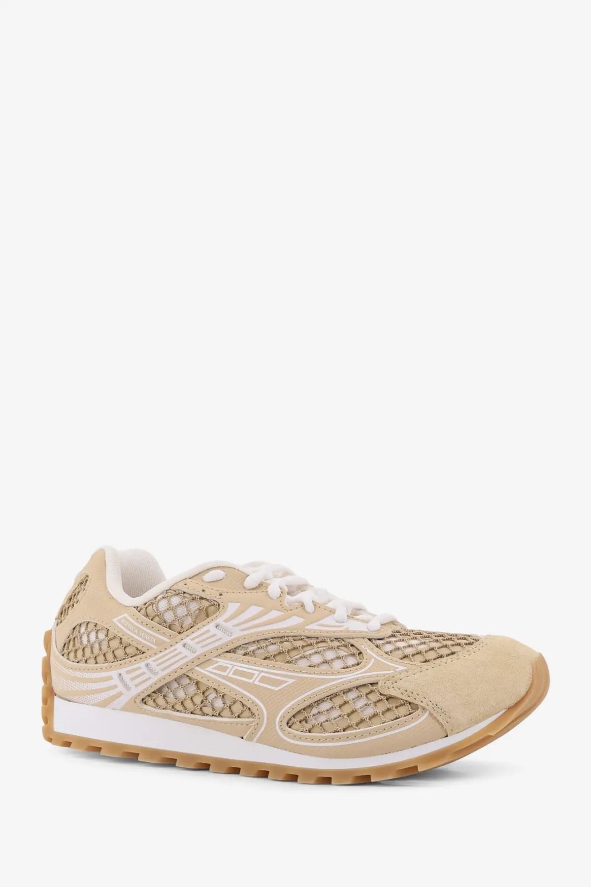 Bottega Veneta women’s beige suede and mesh sneaker with white laces and tan rubber sole front view