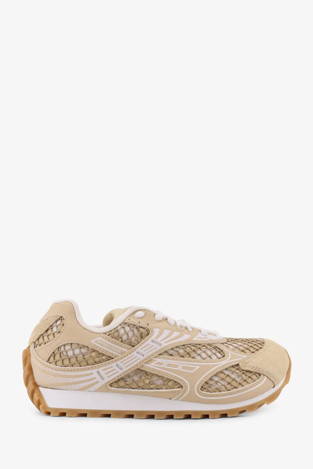 Bottega Veneta women’s beige sneaker with mesh and suede upper white laces and tan rubber sole