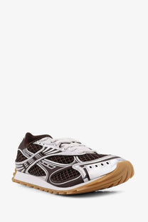 Bottega Veneta women’s brown and silver mesh low top sneakers with white laces and tan rubber sole retro design