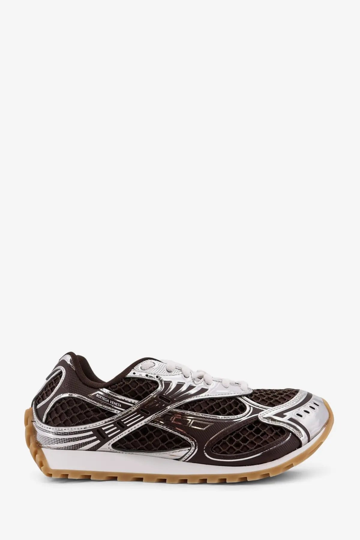 Bottega Veneta women’s low top orbit sneakers in black and silver mesh with gum rubber sole