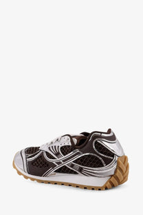 Bottega Veneta women’s brown and silver mesh low top sneakers with chunky tan rubber sole for casual wear