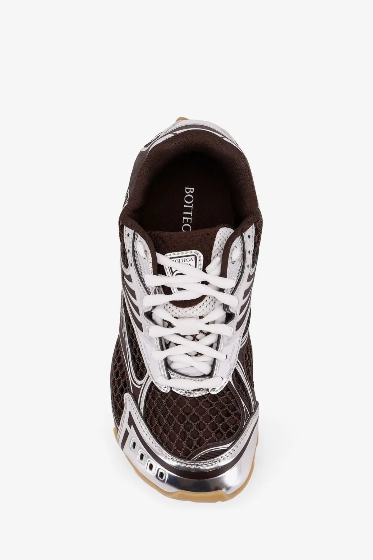 Brown and silver bottega veneta women’s low top orbit sneaker with mesh upper metallic accents and white laces