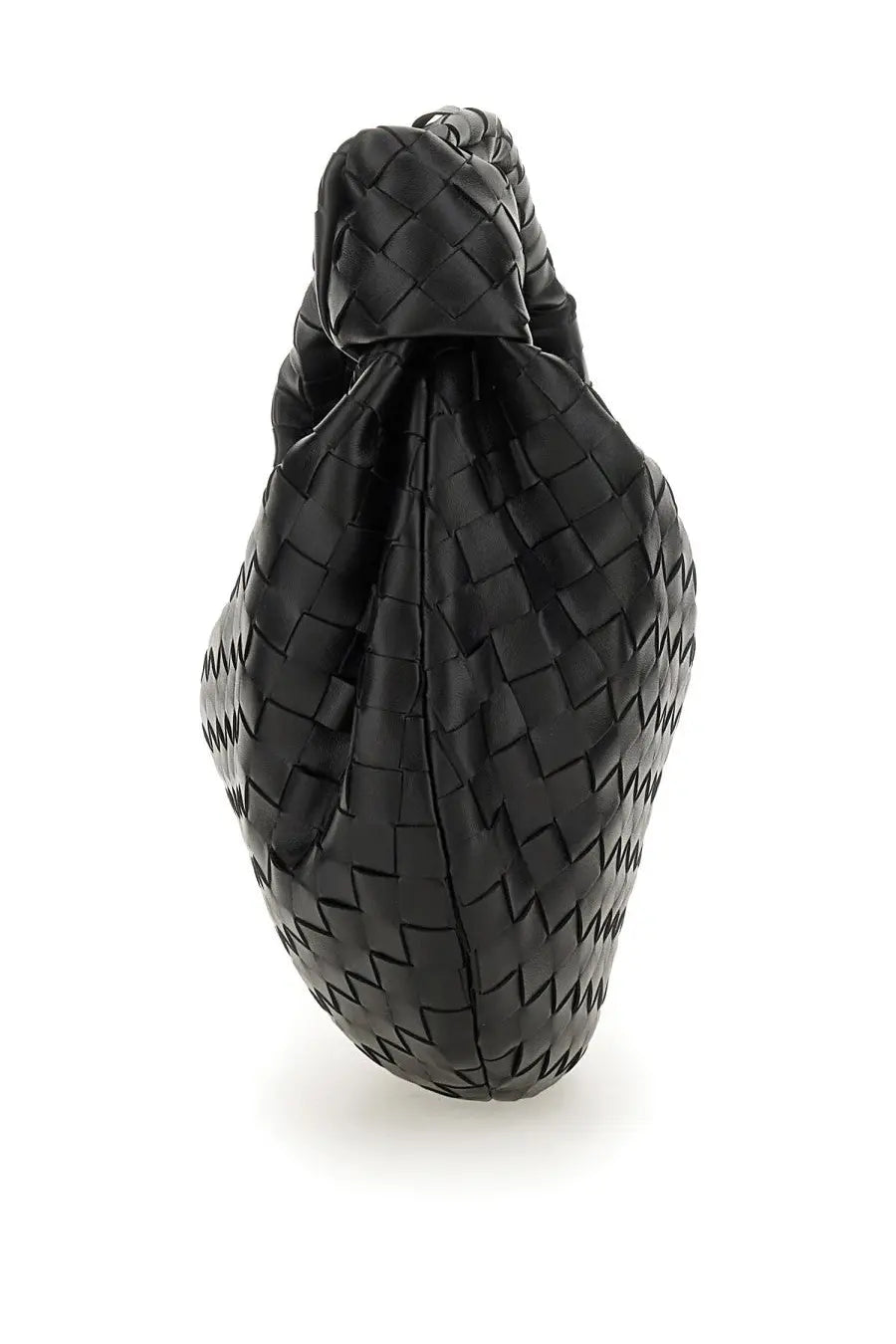Black woven leather handbag with distinctive knot-top design bottega veneta women’s teen jodie bag black