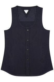 Navy blue sleeveless button-up vest with subtle bv logo embroidery on the lower right side by bottega veneta