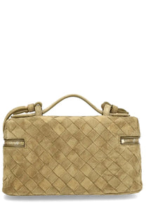 Bottega veneta women’s vanity case bang bang green beige suede handbag with woven texture and gold-tone zippers