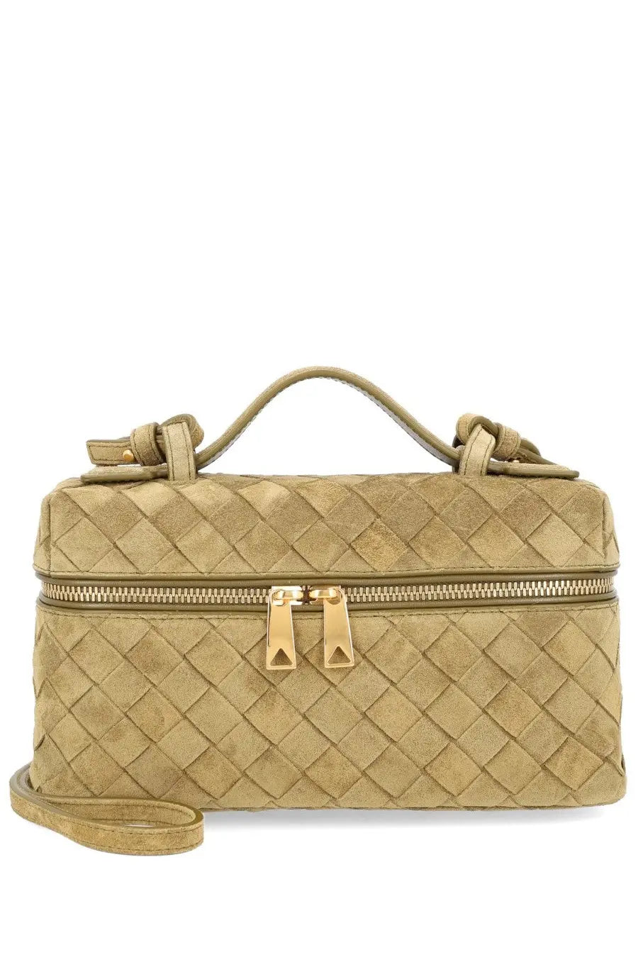 Beige woven leather handbag with gold-tone hardware and top handle from bottega veneta women vanity case bang bang green