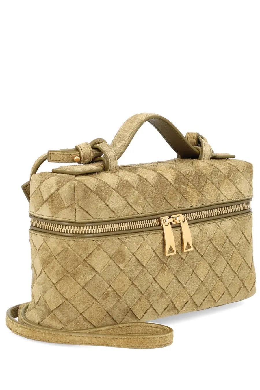 Beige woven leather crossbody bag with gold-tone hardware and top handle from bottega veneta vanity case bang bang green collection