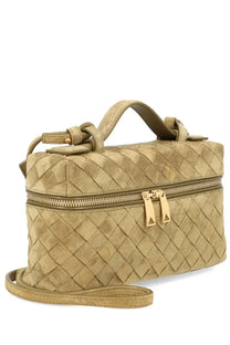 Beige woven leather crossbody bag with gold-tone hardware and top handle from bottega veneta vanity case bang bang green collection