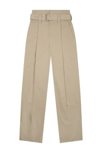 Beige pleated wide leg trousers by Bottega Veneta with matching belt and silver toned buckle