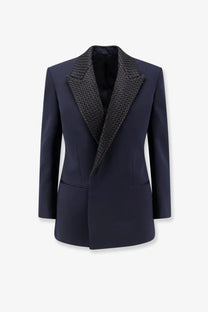 Navy blue tailored wool blazer with textured black woven lapel by bottega veneta for women
