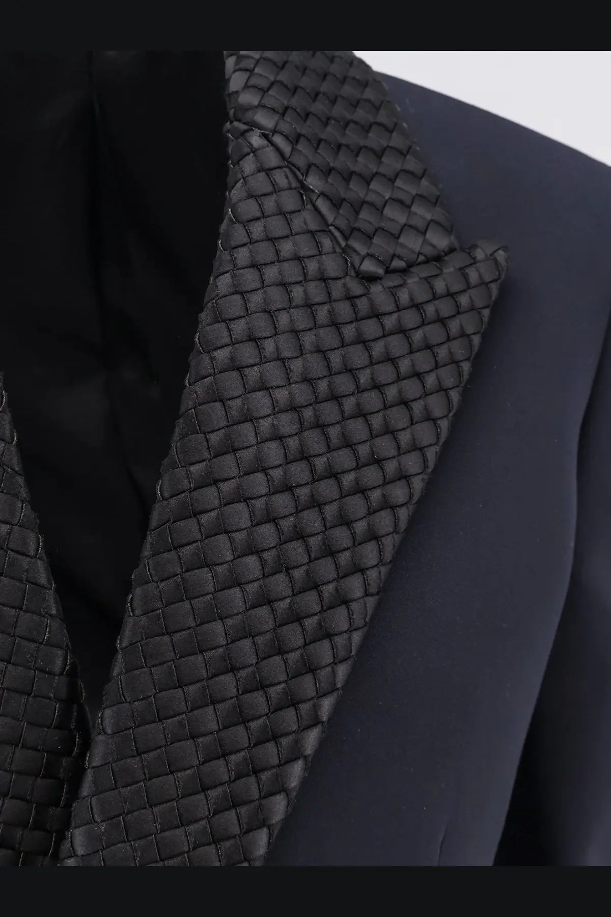 Bottega Veneta women’s wool blazer with black woven leather lapel on navy fabric front view