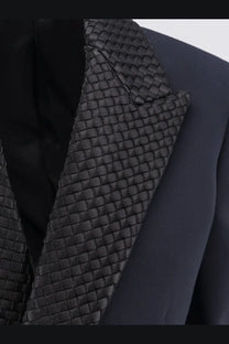 Bottega Veneta women’s wool blazer with black woven leather lapel on navy fabric front view