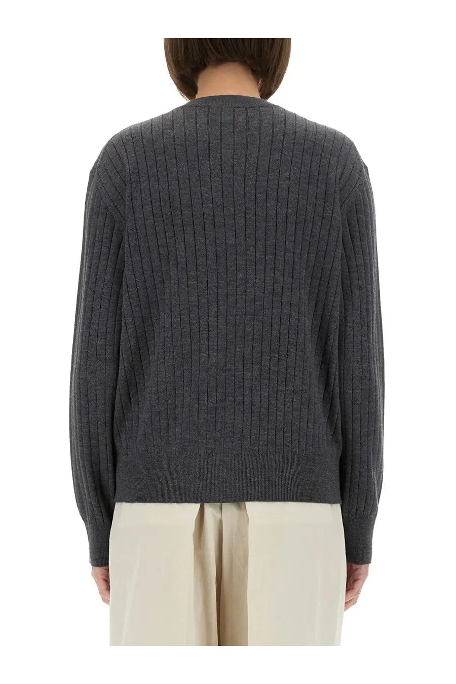 Bottesga veneta women’s wool cardigan dark gray ribbed knit with classic crew neck and long sleeves
