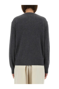 Bottesga veneta women’s wool cardigan dark gray ribbed knit with classic crew neck and long sleeves