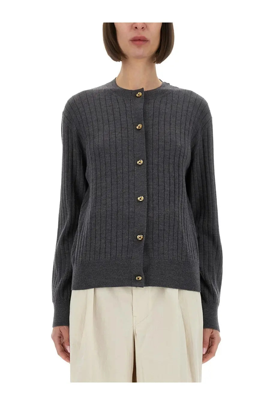 Dark gray wool cardigan by Bottega Veneta featuring ribbed knit texture and gold-tone buttons