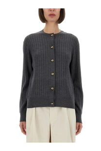 Dark gray wool cardigan by Bottega Veneta featuring ribbed knit texture and gold-tone buttons