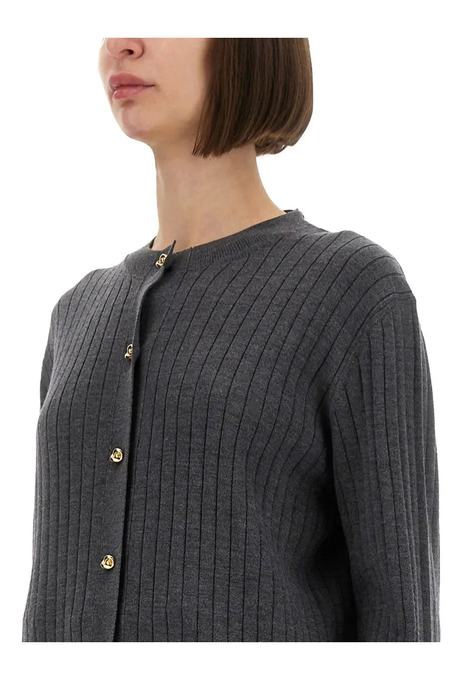 A dark gray ribbed wool cardigan for women by Bottega Veneta with gold-tone buttons