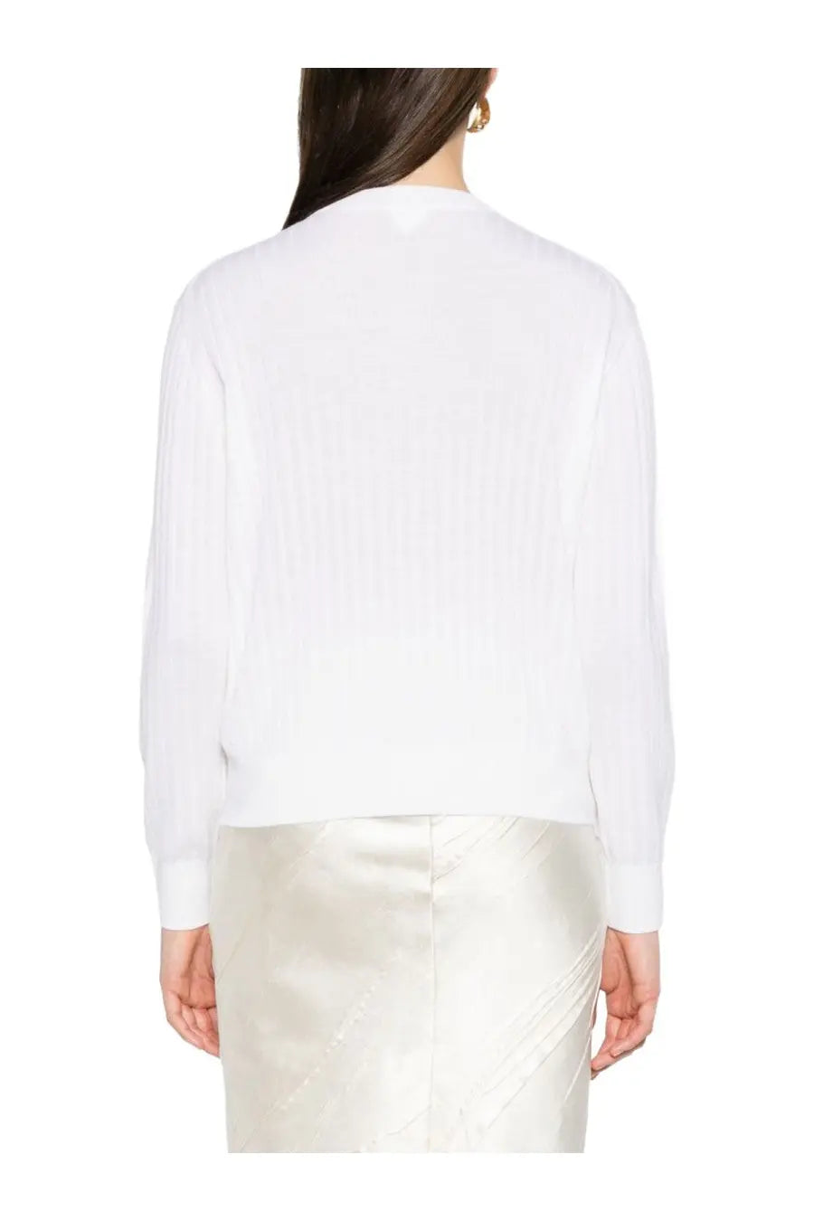 White lightweight wool cardigan by Bottega Veneta with long sleeves, subtle ribbed texture, and relaxed fit