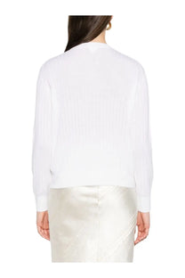 White lightweight wool cardigan by Bottega Veneta with long sleeves, subtle ribbed texture, and relaxed fit
