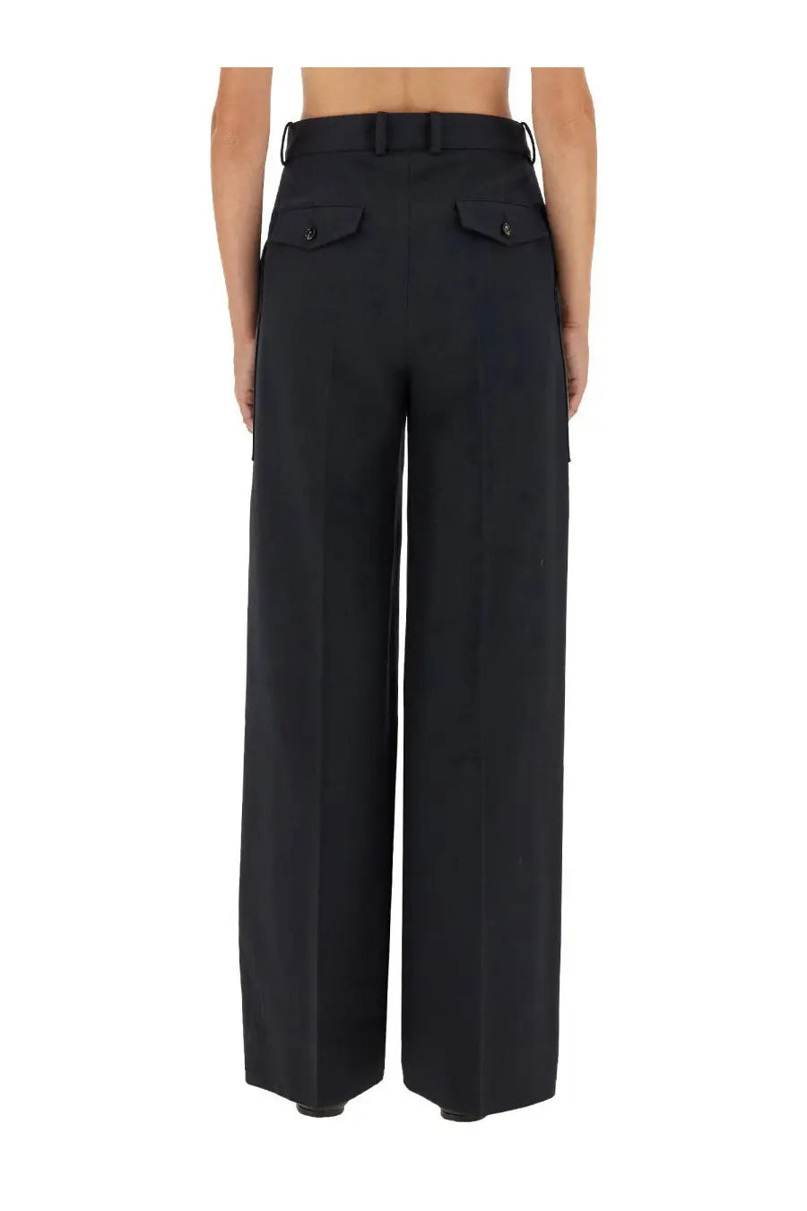 Black wide-leg wool and cotton trousers with structured waistband and flap pockets from bottega veneta