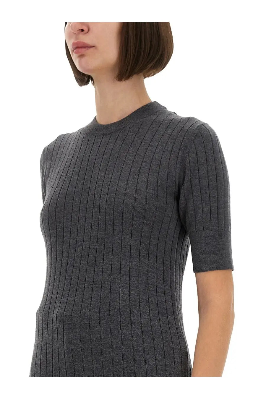 A dark gray ribbed knit wool jersey short-sleeve top with crew neckline by bottega veneta for women