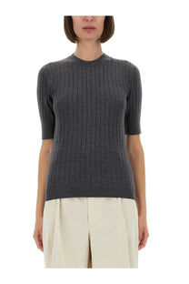 A dark gray ribbed knit short-sleeve wool jersey top with a round neckline by Bottega Veneta women’s collection