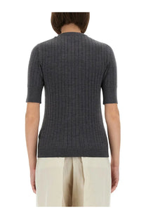 A dark gray ribbed knit short-sleeved wool jersey top with crew neckline by Bottega Veneta for women