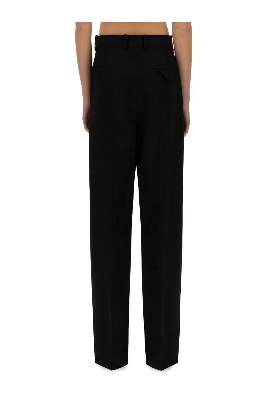 Bottega Veneta women’s black wool high-waisted straight-leg trousers with tailored fit and subtle back pleats showing back view