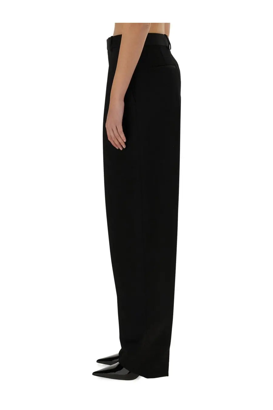 Black high-waisted wide-leg wool pants with a sleek tailored fit by bottega veneta for women