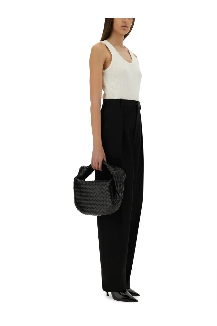 Black woven leather handbag with structured rounded shape and twisted handles for bottega veneta women’s wool pants black collection