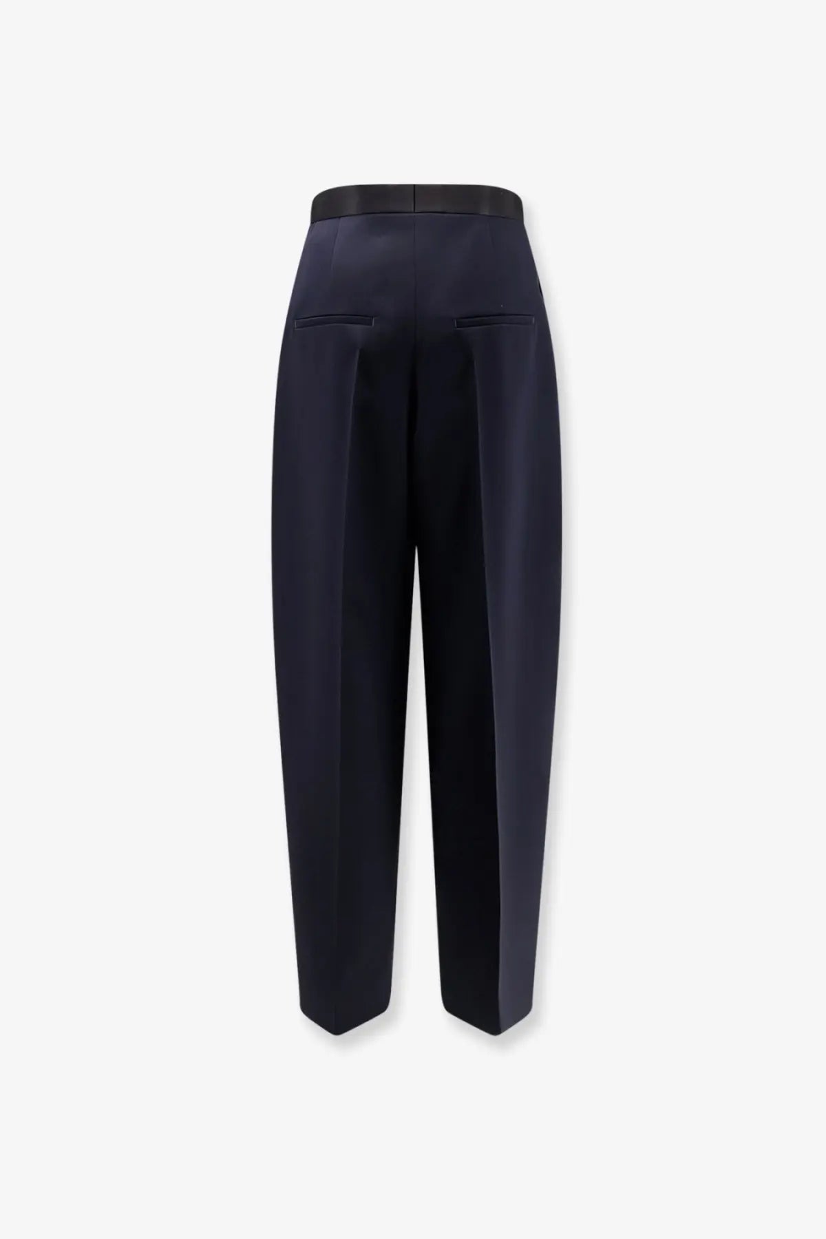 Bottega Veneta women’s black wool trousers with navy blue high-waisted sleek tailored fit and subtle front pleats