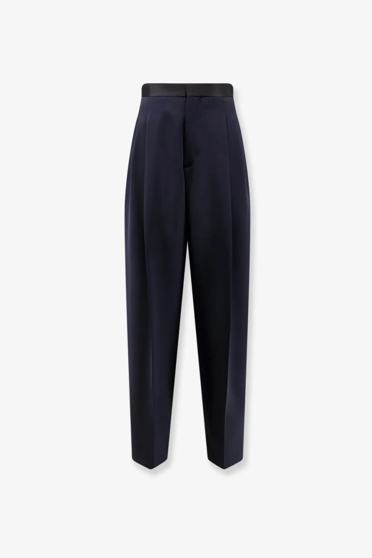 Bottega veneta women’s wool trousers black with navy blue high-waisted tailored fit and subtle front pleats