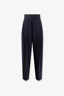Bottega veneta women’s wool trousers black with navy blue high-waisted tailored fit and subtle front pleats