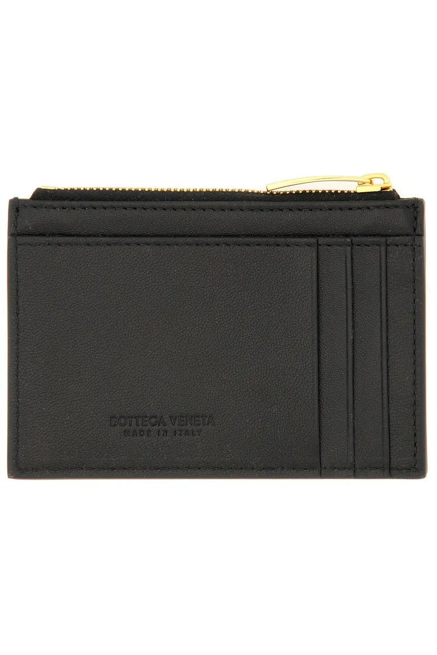 Bottega Veneta women’s black leather woven card holder with gold-tone zipper and embossed logo