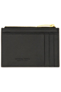 Bottega Veneta women’s black leather woven card holder with gold-tone zipper and embossed logo