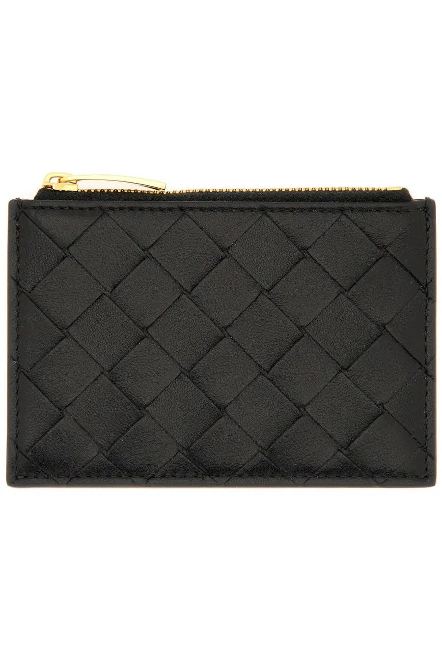 Black woven leather zippered card case with gold-tone zipper pull by bottega veneta womens woven card holder black